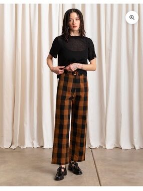 Ali Golden Brown and Black Checkerboard 100% Raw Silk High Waist Wide Leg pants